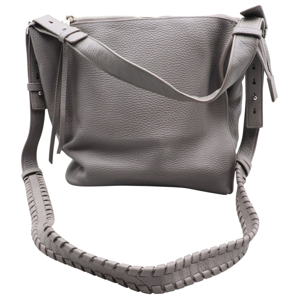 AllSaints Kita Grey Pebble Leather Whipstitch Crossbody Shoulder Bag with Pouch